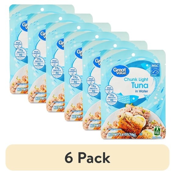 Great Value Chunk Light Tuna in Water Wild Caught 2.6 Oz Pouch 6 Pack
