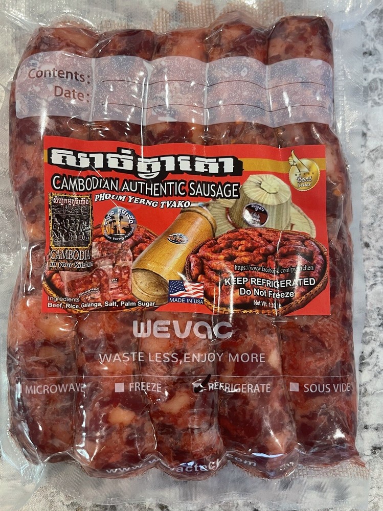 Cambodian Sausage – TVA KO (1 Pack of 10) $20 Khmer Authentic Beef Sausage Spicy