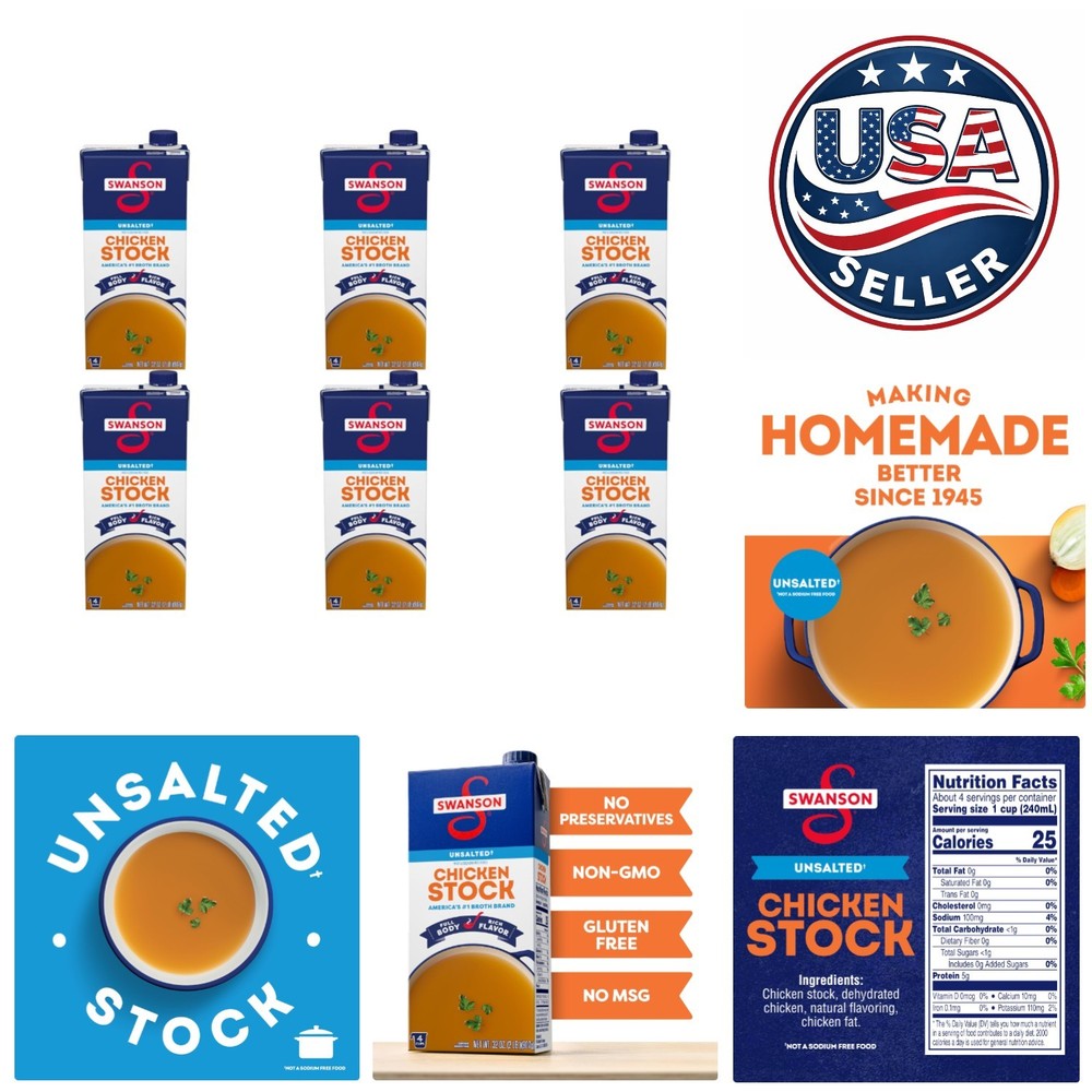 Pack of 6 Swanson Unsalted Chicken Stock 32 oz Cartons – 100% Natural Broth