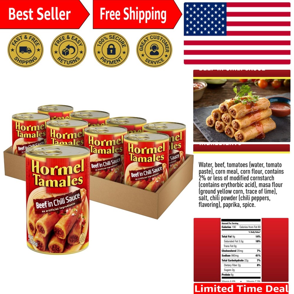 Convenient Beef Tamales 8 Pack – 15 Oz Cans with Authentic Spiced Chili Sauce