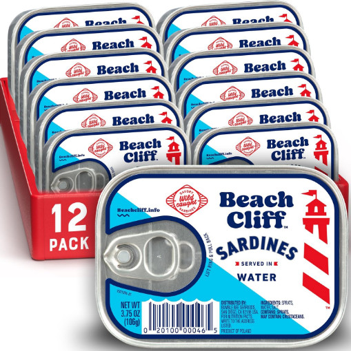 Beach Cliff Sardines in Water 3.75 oz Cans Pack of 12 Wild Caught Canned Fish