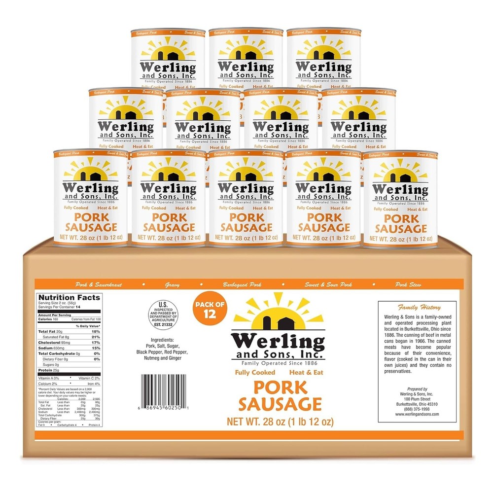 12 Cans Pack- Werling & Sons Pork Sausag Filling 28 Oz Fully Cooked Heat & Serve
