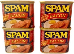 4 CANS SPAM BACON,12oz EACH,FULLY COOKED,READY TO EAT