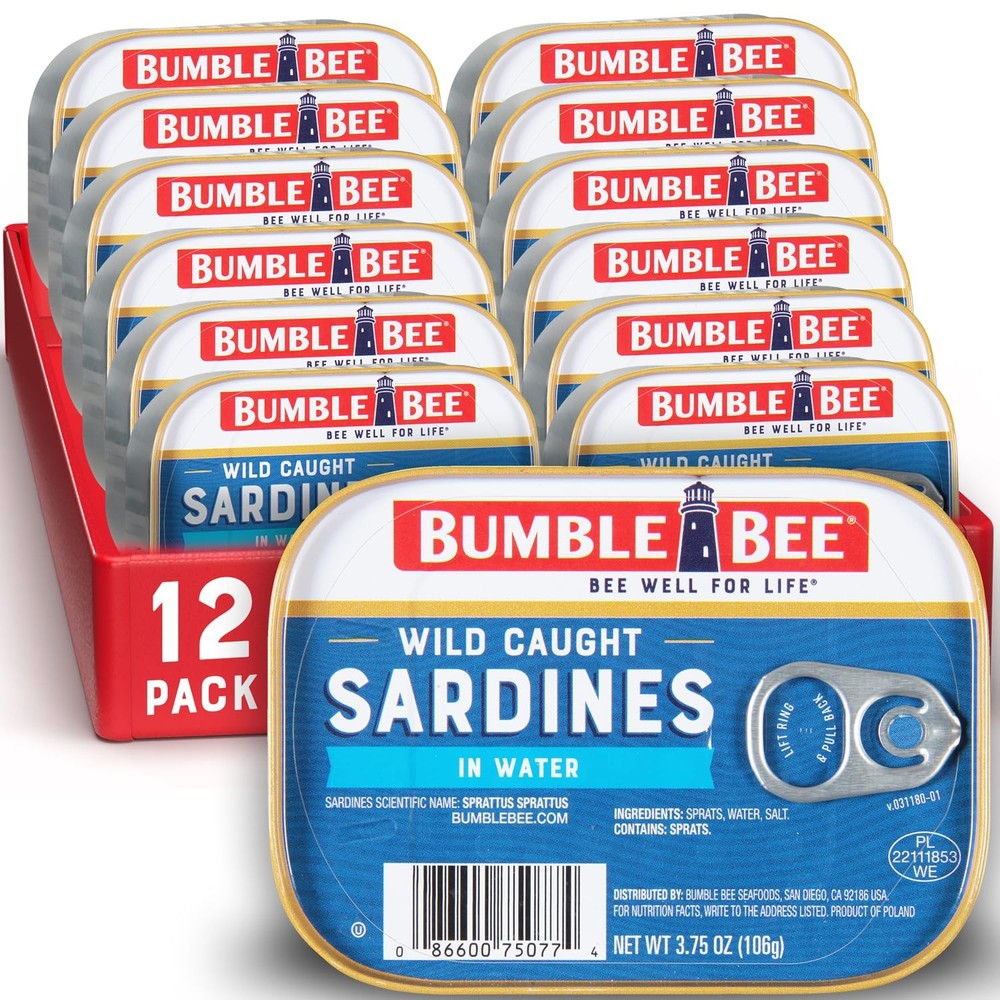 Bumble Bee Sardines in Water, 3.75 oz Tin Pack of 12 Wild Caught, Gluten Fre…