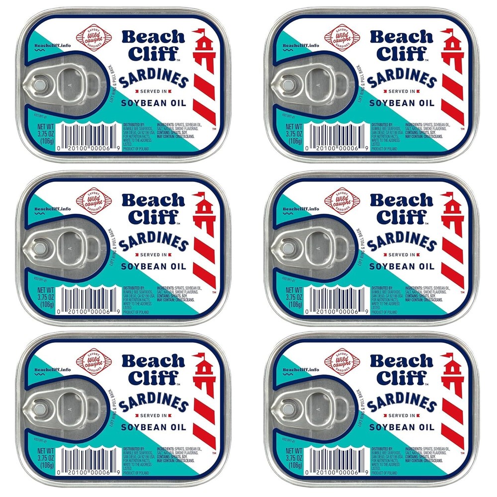 Beach Cliff Wild Caught Sardines in Soybean Oil, 3.75 oz Can (Pack of 6)