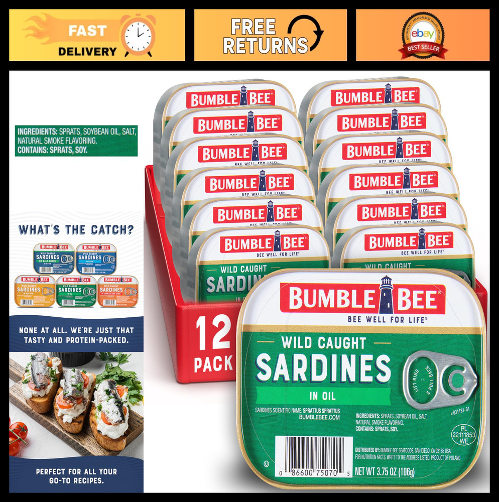 Wild Caught Sardines in Oil, 3.75 oz Tin (12 Pack) – Gluten Free, Keto, Kosher