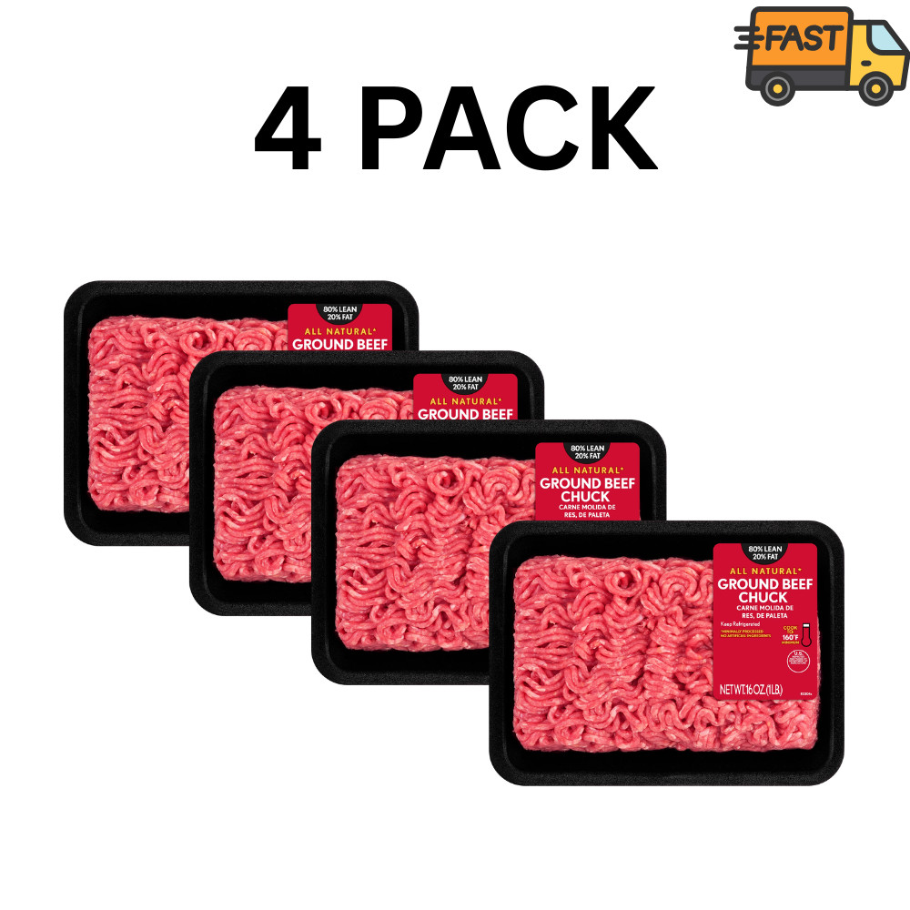 4 Pack Fresh 80/20 Ground Beef Chuck 1 lb Tray All Natural Beef