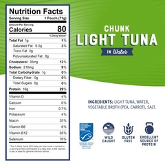 Chunk Light Tuna in Water, 2.5 oz Pouches (Pack of 12) – Ready to Eat Wild Ca…