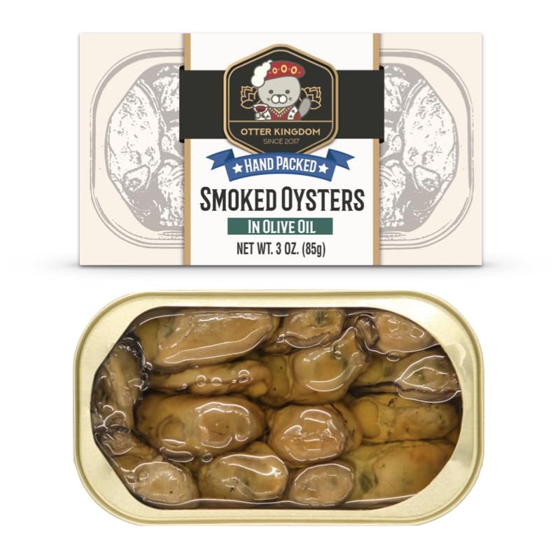 Otter Kingdom Premium Smoked Oysters in Pure Olive Oil, 3-Ounce Cans Pack of 12