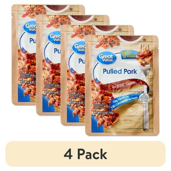 Great Value Pulled Pork in BBQ Sauce Ready To Eat 2.6 Oz Pouch 4 Pack