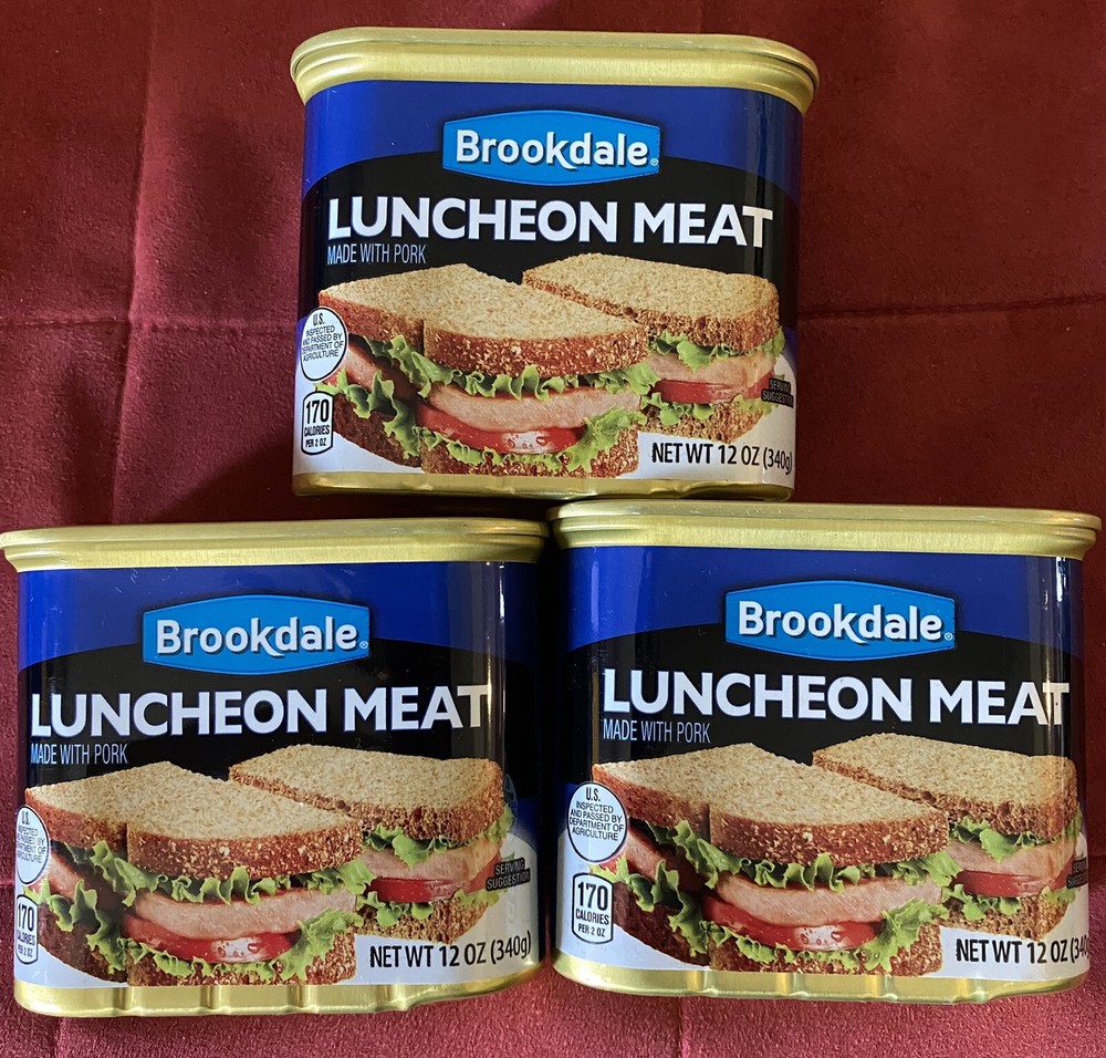 Three Cans of BROOKDALE Luncheon Meat. Made with Pork. 12 Oz. Each Can Exp.2029