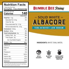 Bumble Bee Prime Solid White Albacore Tuna Low Sodium in Water 5 Oz, Pack of 12
