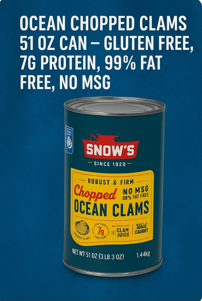 Ocean Chopped Clams 51 oz Can – Gluten Free, 7g Protein, 99% Fat Free, No MSG