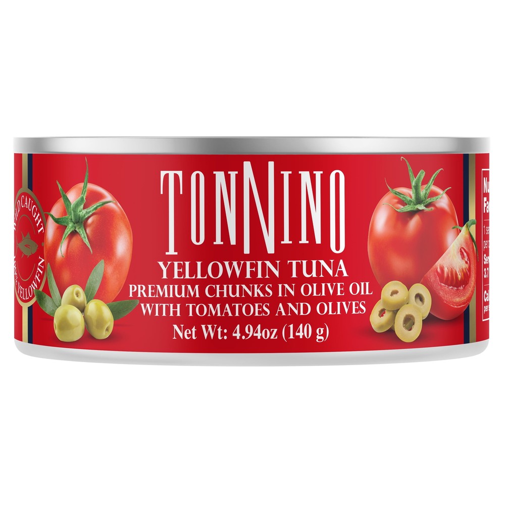 Yellowfin Tuna chunks with tomatoe and olives, 4.94 oz, Can, Wild Caught