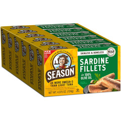 30 Cans 4.375 oz each Wild Season Sardines NO BONES NO SKIN n Olive Oil BB12/26