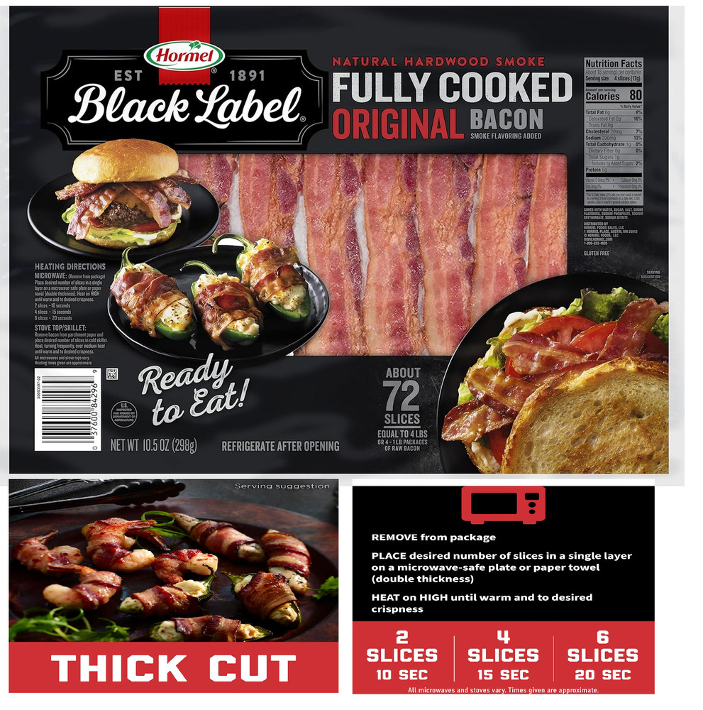 HORMEL BLACK LABEL Fully Cooked Bacon – Thick Bacon Snacks for Breakfast, 10.5 O