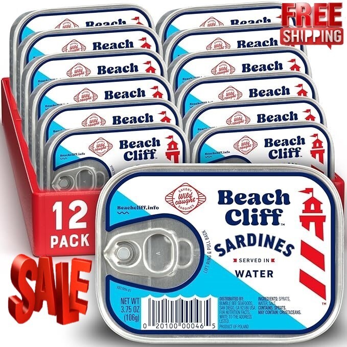 Beach Cliff Sardines in Water, Wild Caught, 3.75 oz Can, Pack of 12