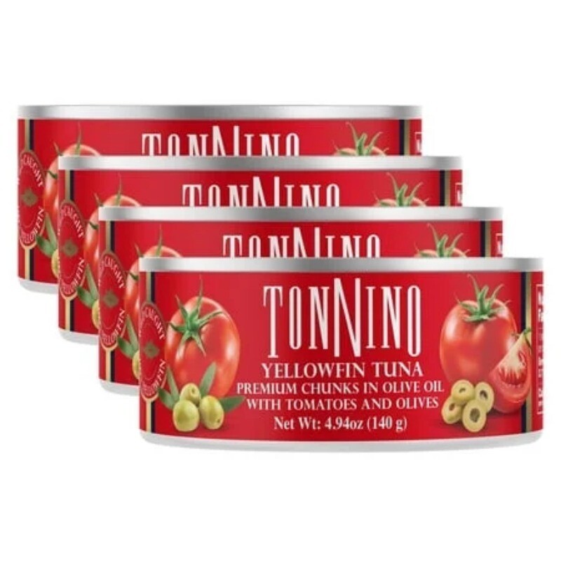(4 pack) Yellowfin Tuna chunks with tomatoe and olives, 4.94 oz, Wild Caught