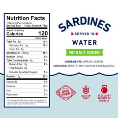 Wild Caught Canned Sardines Water No Salt Added 3.75 Ounce Pack 12 Protein
