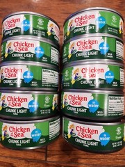 10 CANS CHICKEN OF THE SEA WILD CAUGHT CHUNK LIGHT TUNA IN WATER NET WT 5 OZ EA.