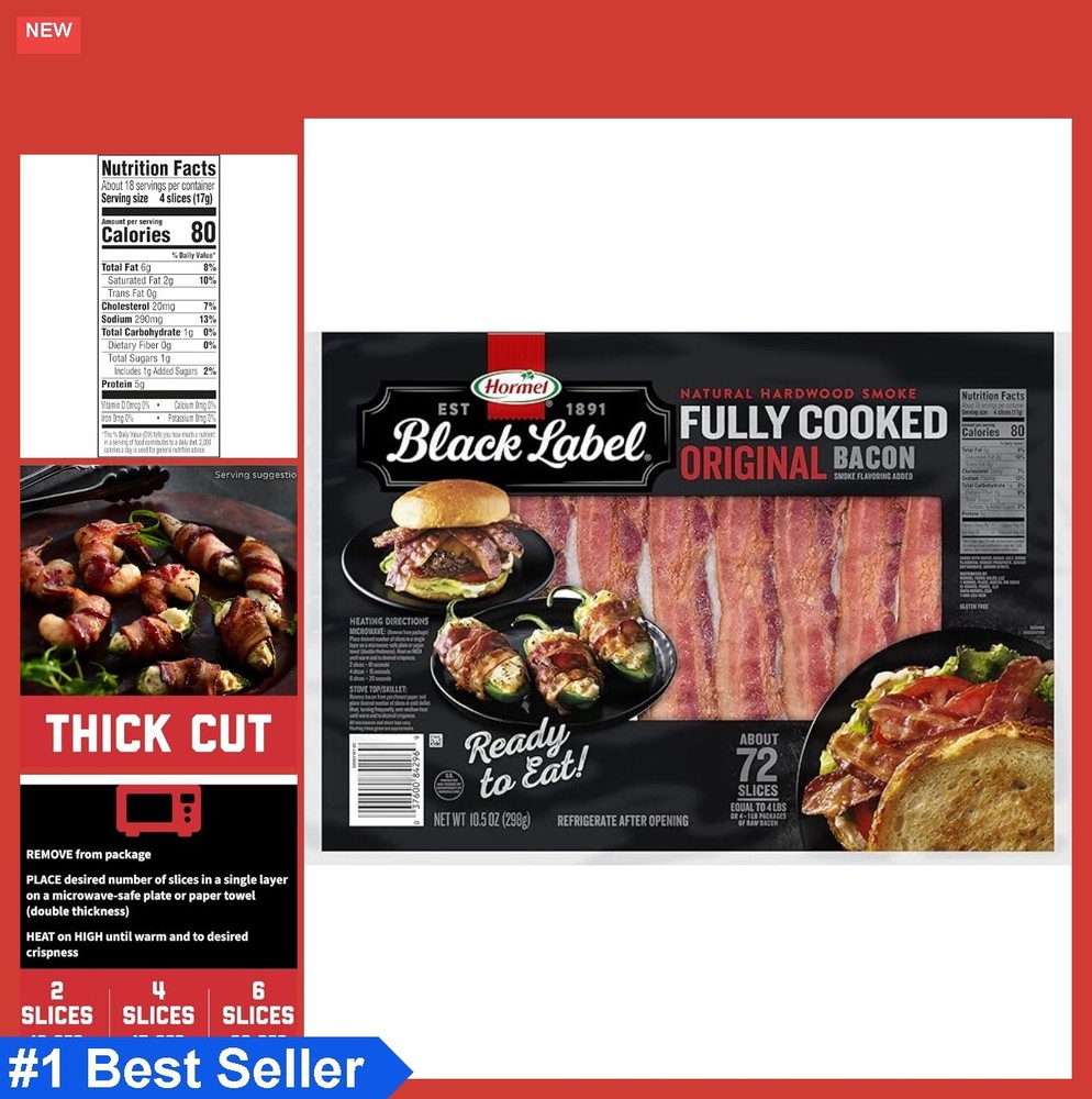 Fully Cooked Thick Cut Bacon 10.5 Ounce Pack Breakfast Snack Ready to Eat