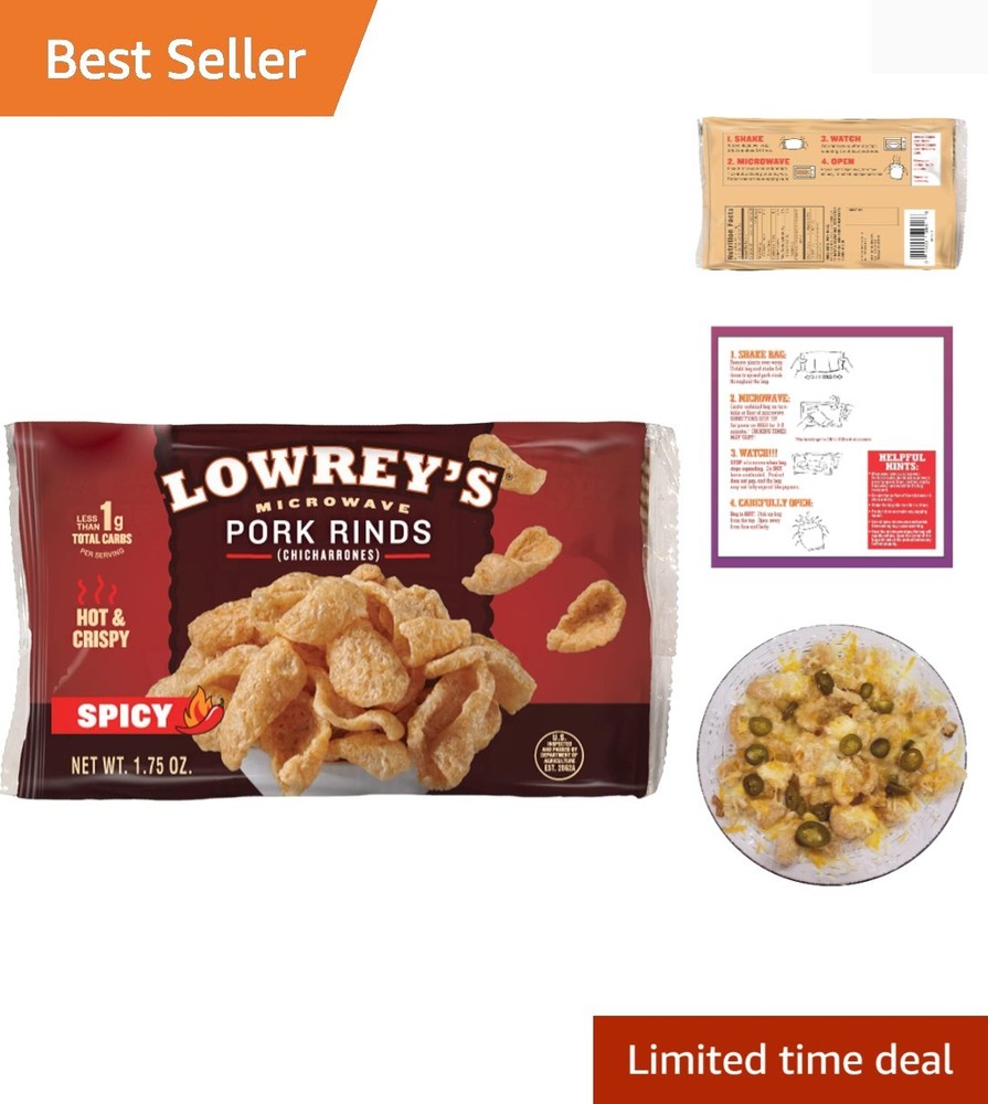 Lowreys Bacon Curls | Microwave Pork Rinds | Hot & Spicy | Four 1.75-oz. Packets