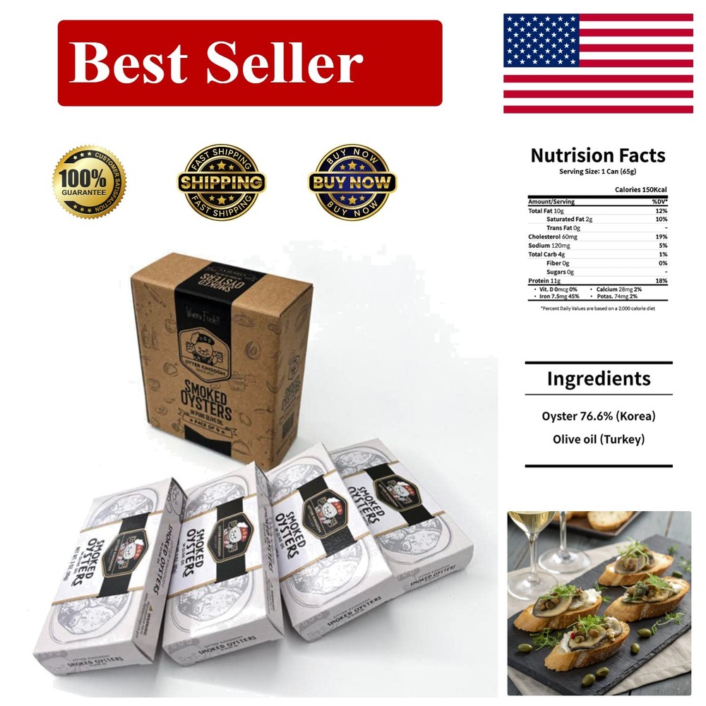 Delicious Smoked Oysters in Olive Oil â€“ 4 Cans (3oz Each), Gluten Free