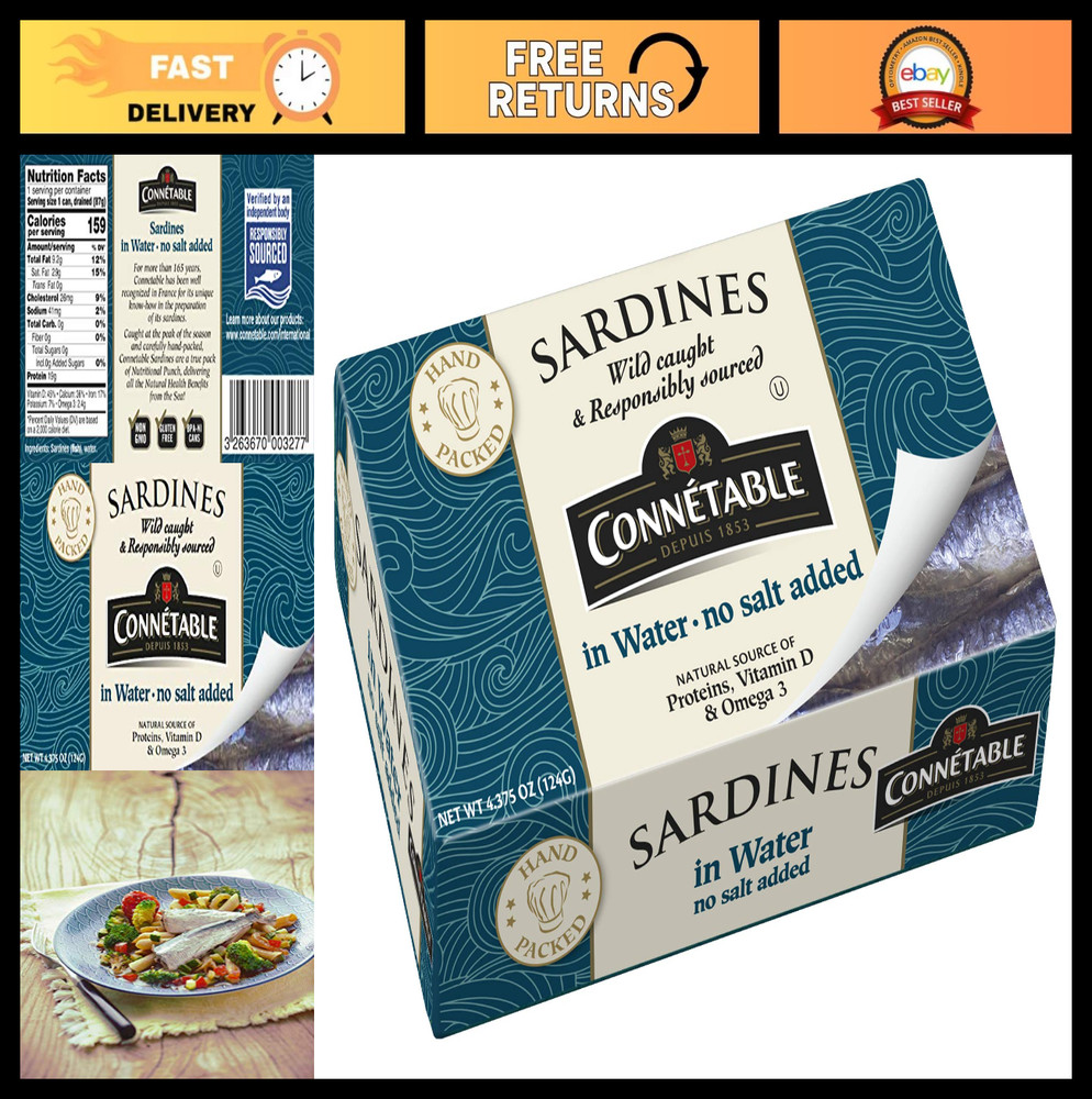 Sardines in Water, No Salt Added, 4.375 oz – Pack of 12, Healthy Seafood Snack