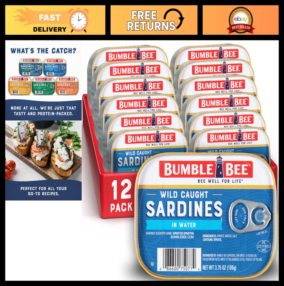 Wild Caught Sardines in Water, 3.75 oz Tin (12 Pack) – Gluten Free, Keto, Kosher