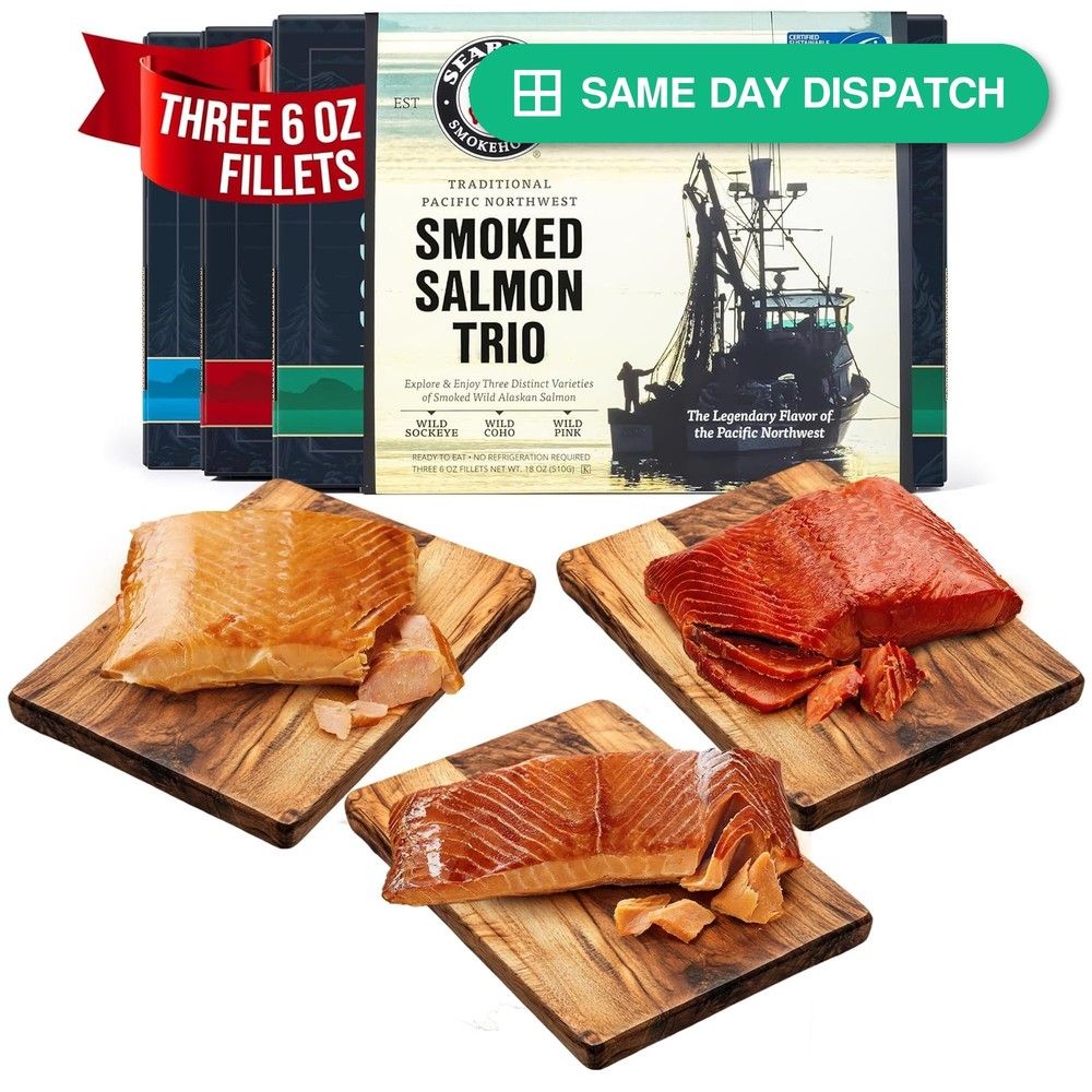 SeaBear Smoked Salmon Trio Gift Box – Wild Alaska Sockeye, Pink, Coho Fillets