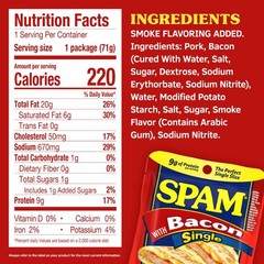 SPAM Single Bacon 2.5oz Individual Pouch Pack of 12 Fully Cooked Pork and Ham
