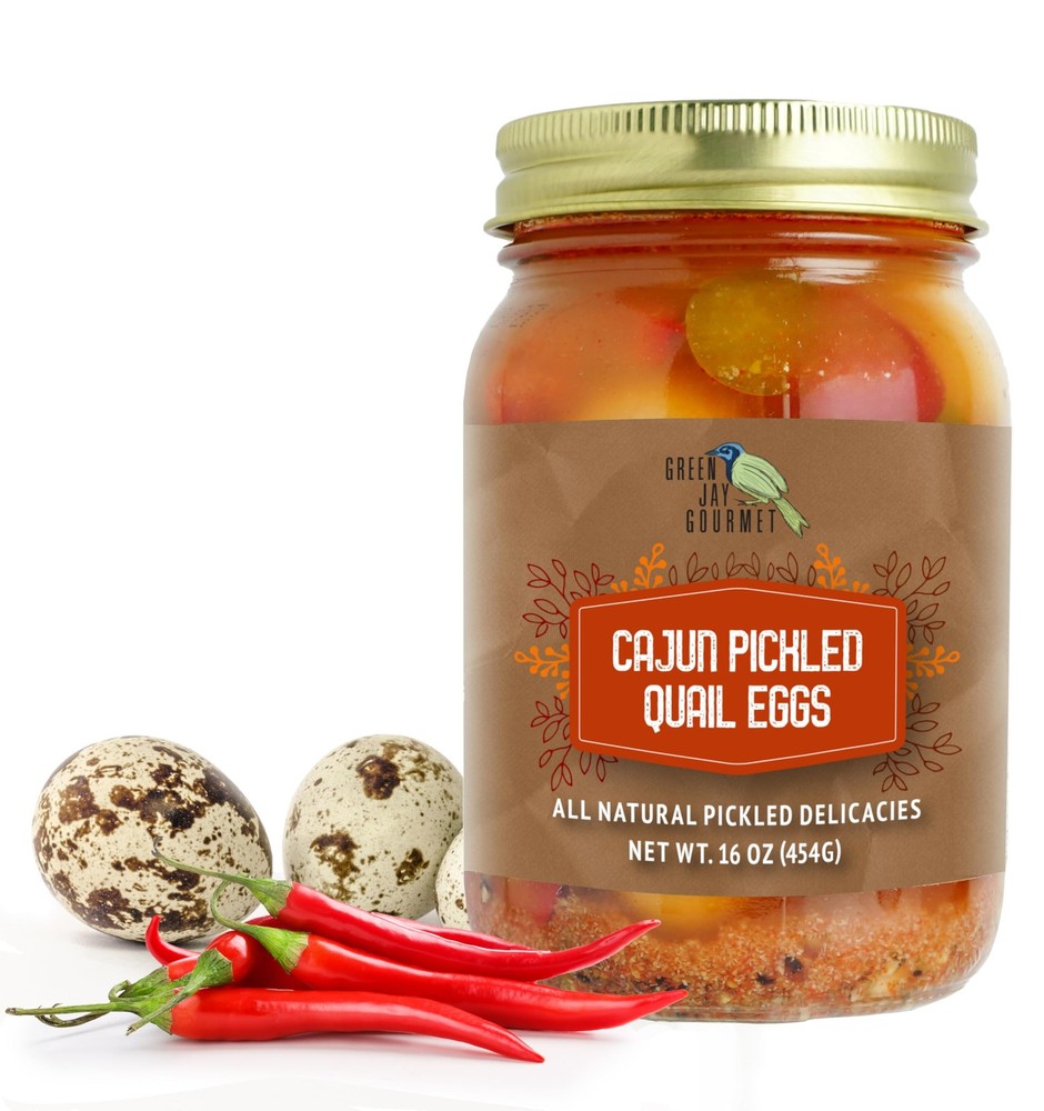 Green Jay Gourmet Cajun Pickled Quail Eggs in a Jar Fresh Hand Jarred for Cooki