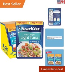 Wild Caught Chunk Light Tuna in Water, 12 Pack Pouches – 17g Protein Per Serving