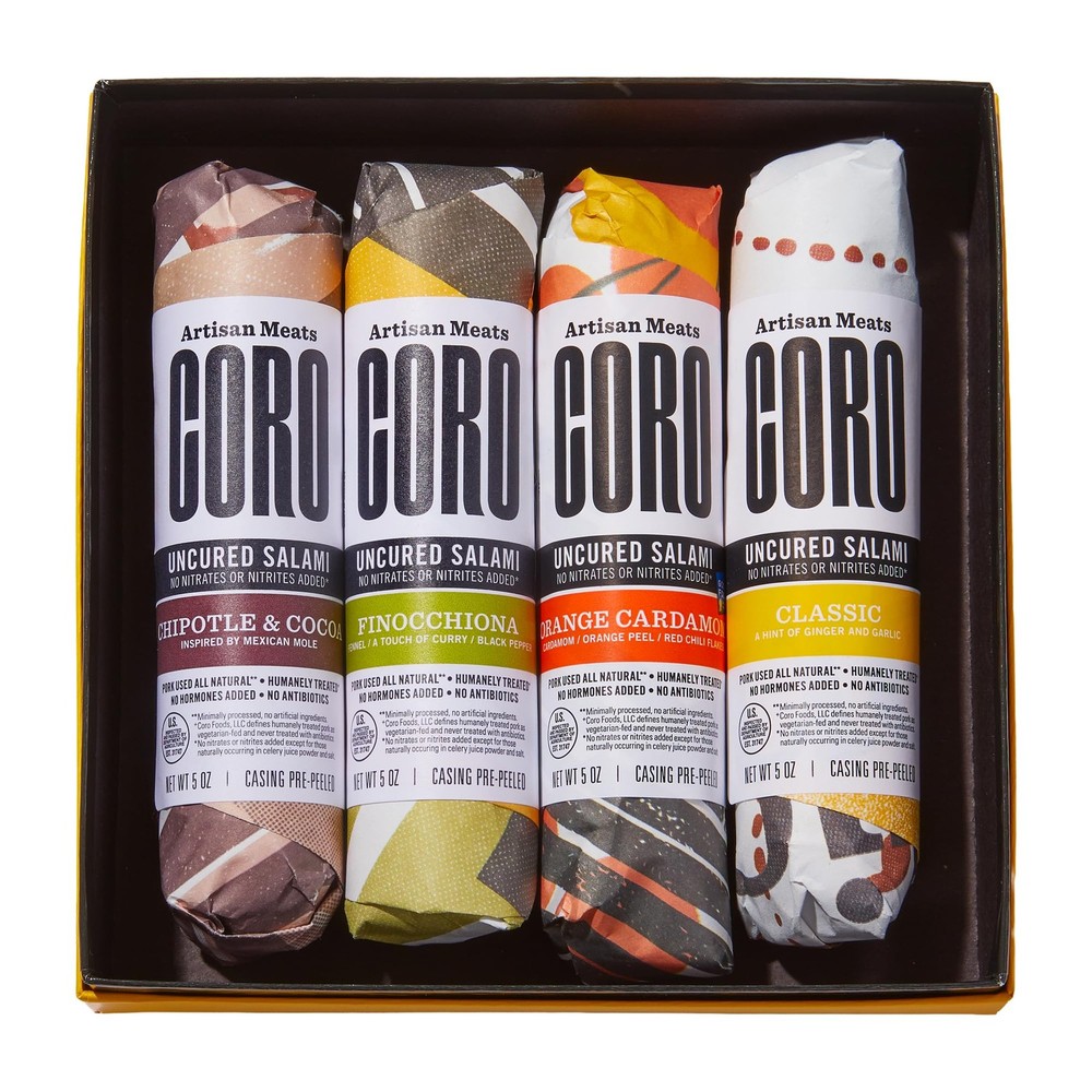Coro Uncured Salami Gift Box – 4 Artisan Salami Sticks 5oz Sticks | Classic w…