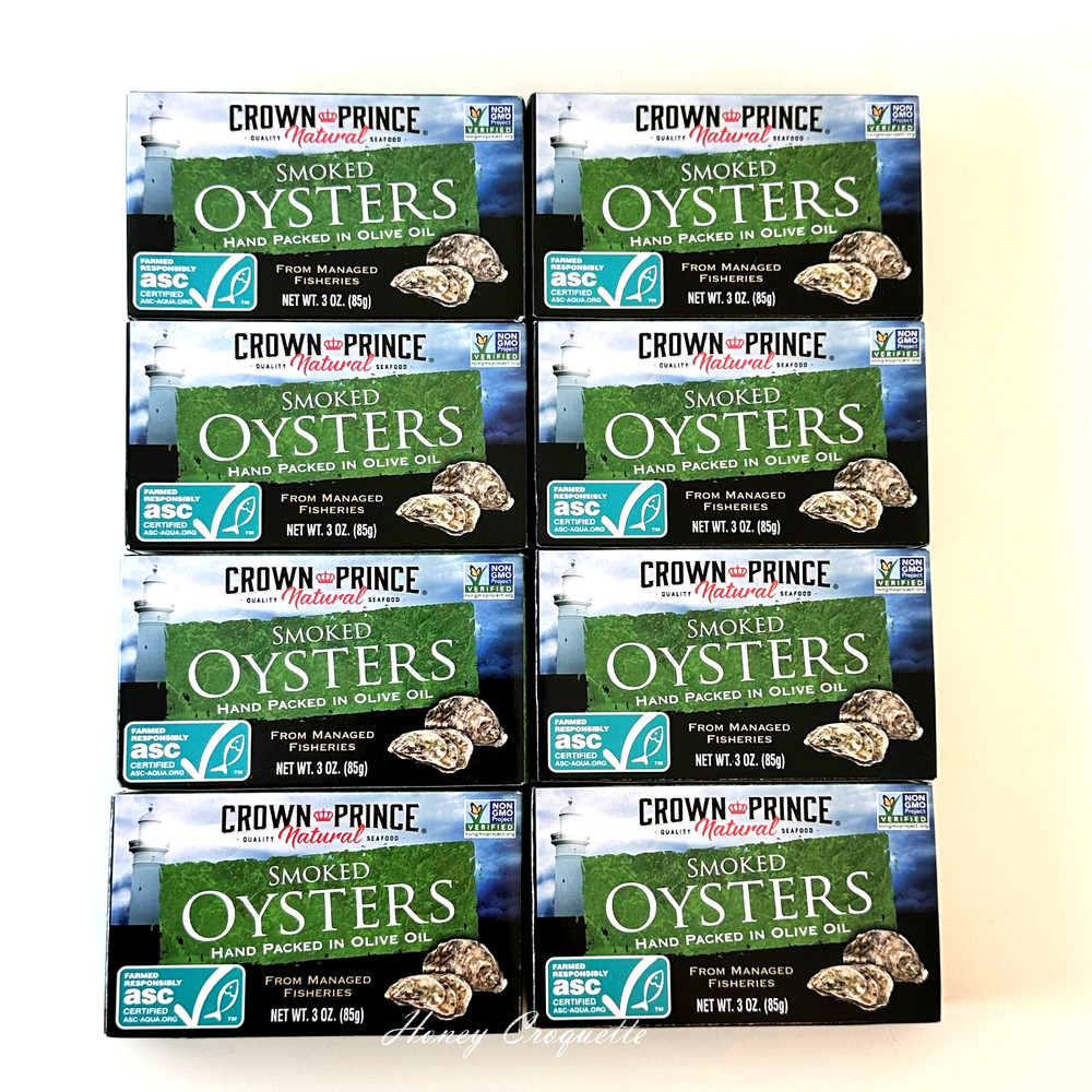 8 Pack Crown Prince Natural Smoked Oysters in Pure Olive Oil 3 oz EXP 2030