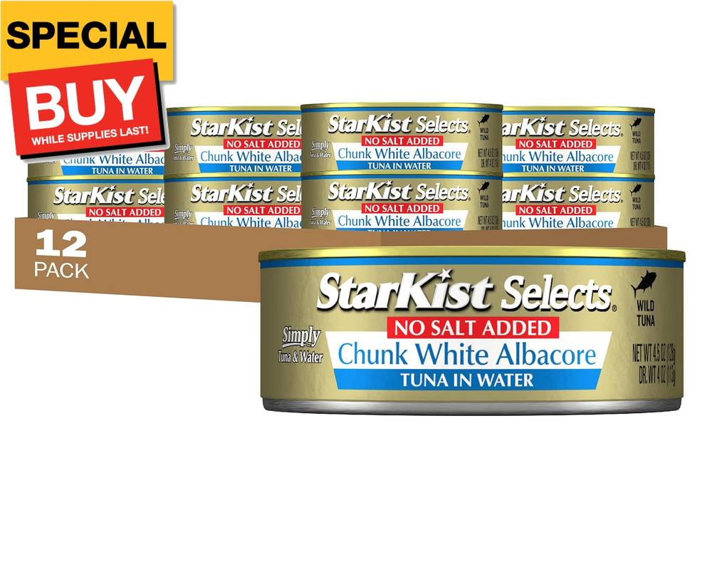 Selects No Salt Added Chunk White Albacore Tuna in Water, 4.5 oz (12 Pack) Canne