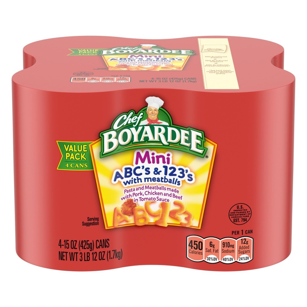 Chef Boyardee Mini ABC’s and 123’s with Meatballs, 15 oz, 4 Pack