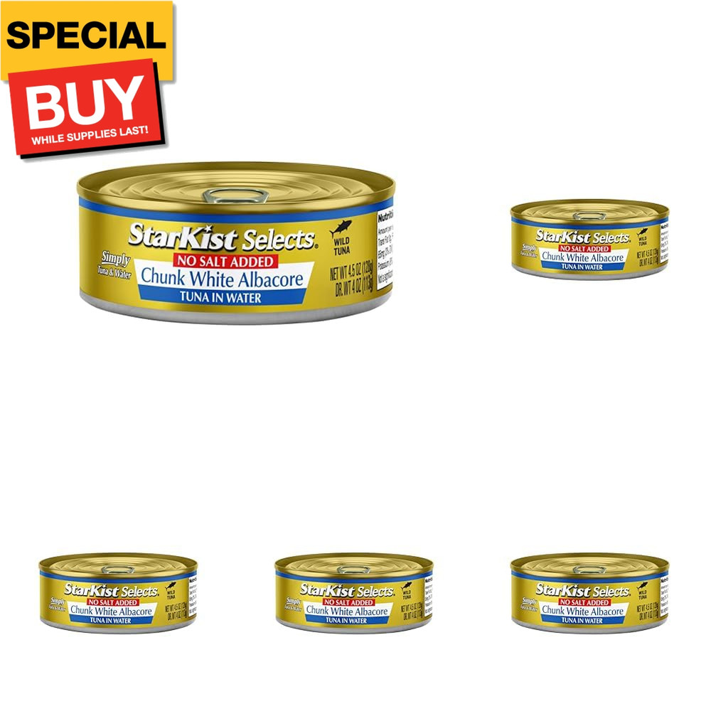 Selects No Salt Added Chunk White Albacore Tuna in Water – 4.5 oz Can (Pack of 5