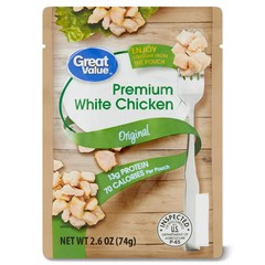6 pack,Great Value Premium White Chicken,Shelf Stable,Fully Cooked, 2.6 oz Pouch