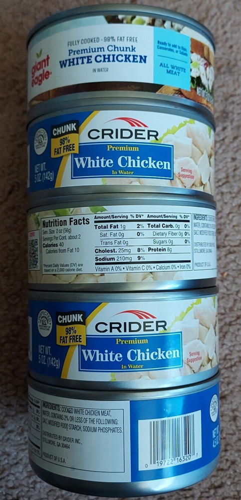 5 small cans Premium White Chicken in water 98% fat free easy open ready to eat