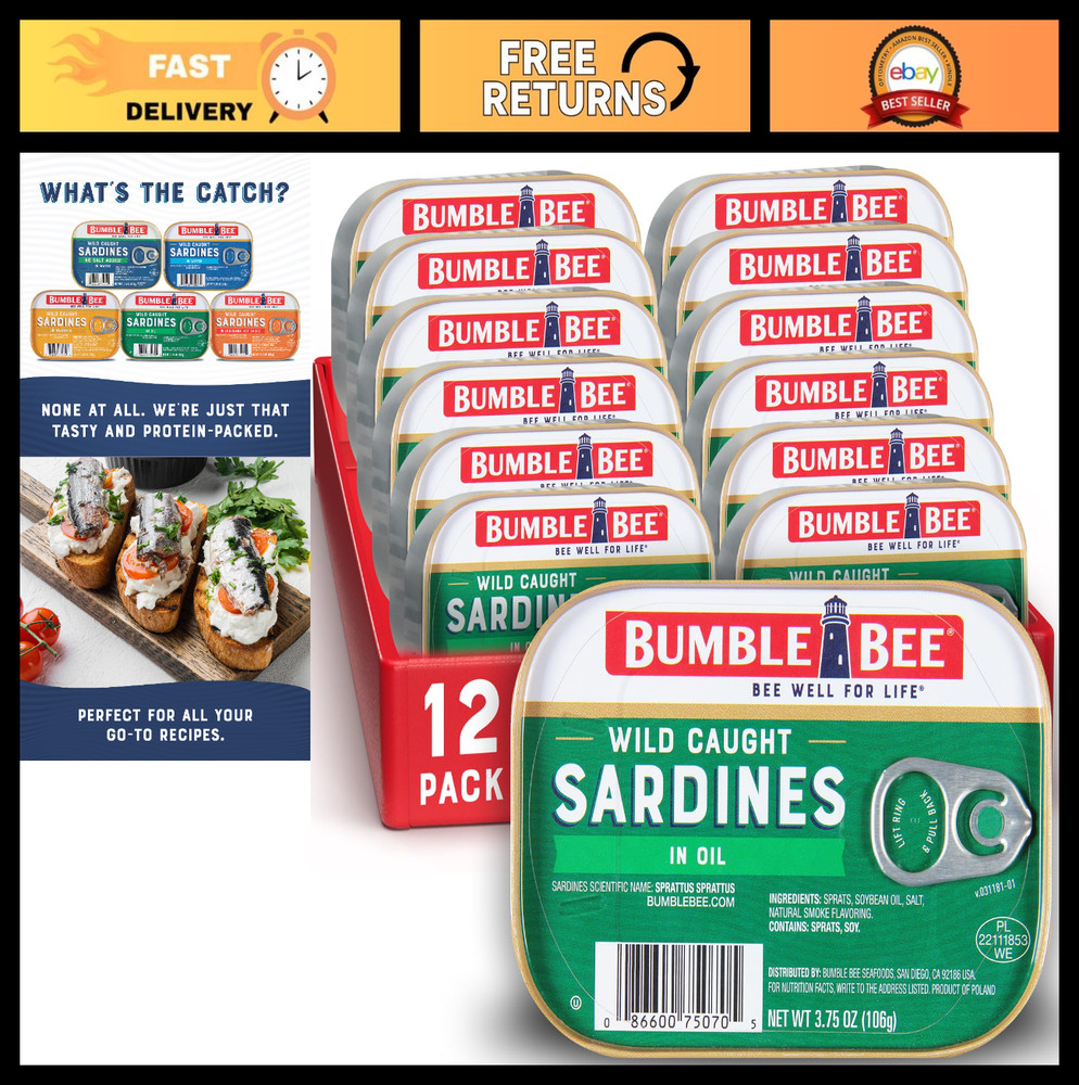 Wild Caught Sardines in Oil, 3.75 oz Tin (12 Pack) – Gluten Free, Keto, Kosher