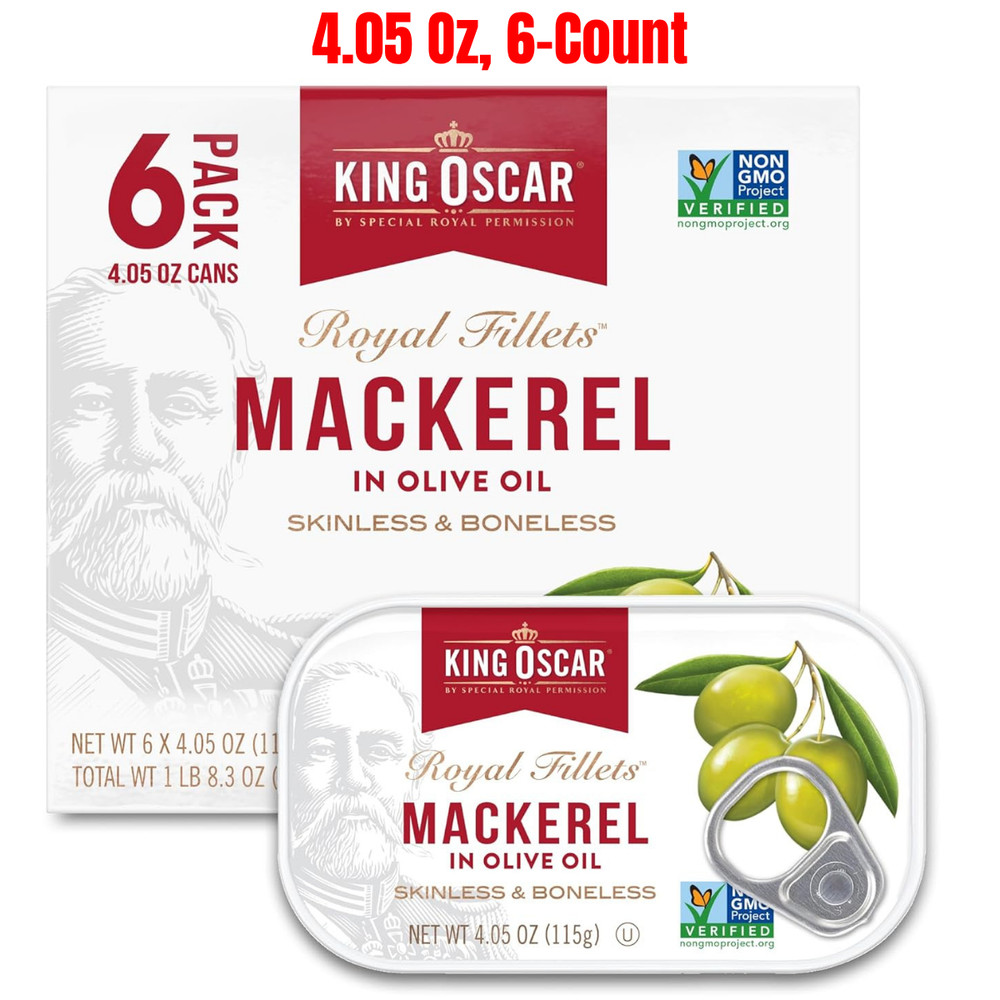 King Oscar Mackerel in Olive Oil, 4.05 Ounce Can, 6-Pack, Skinless & Boneless