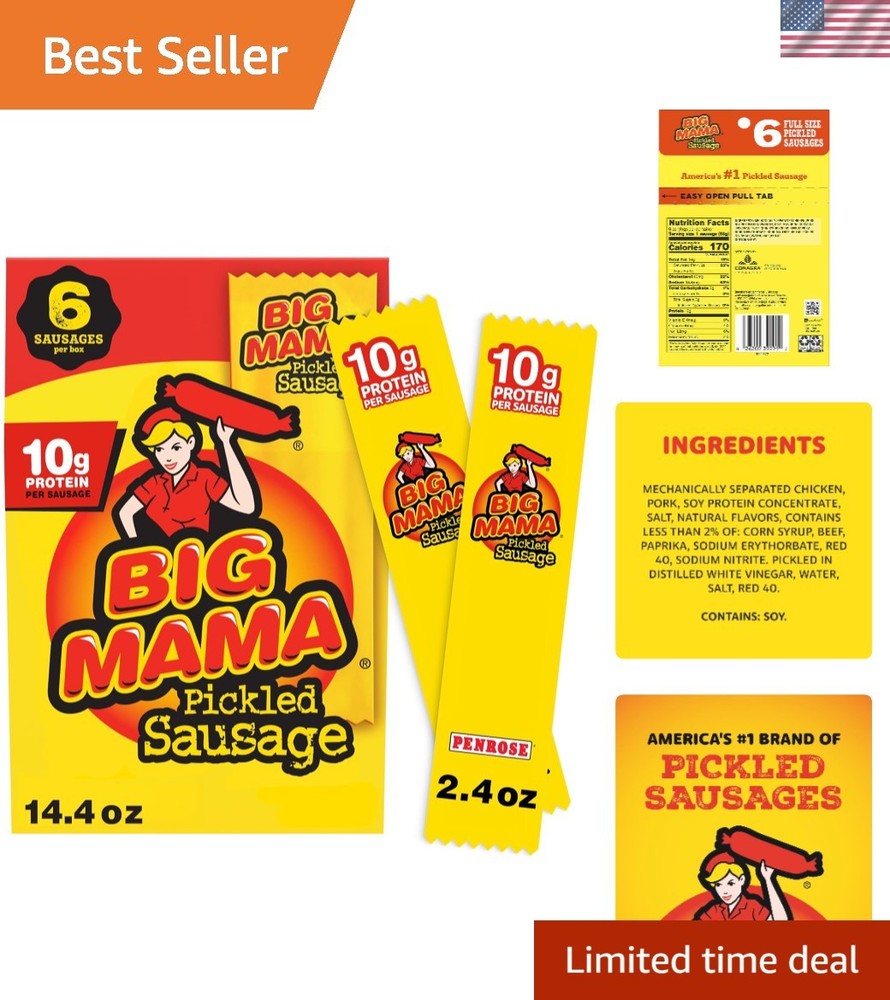 Tangy Big Mama Pickled Sausages, 10g Protein per 2.4oz Sausage – 6 Count