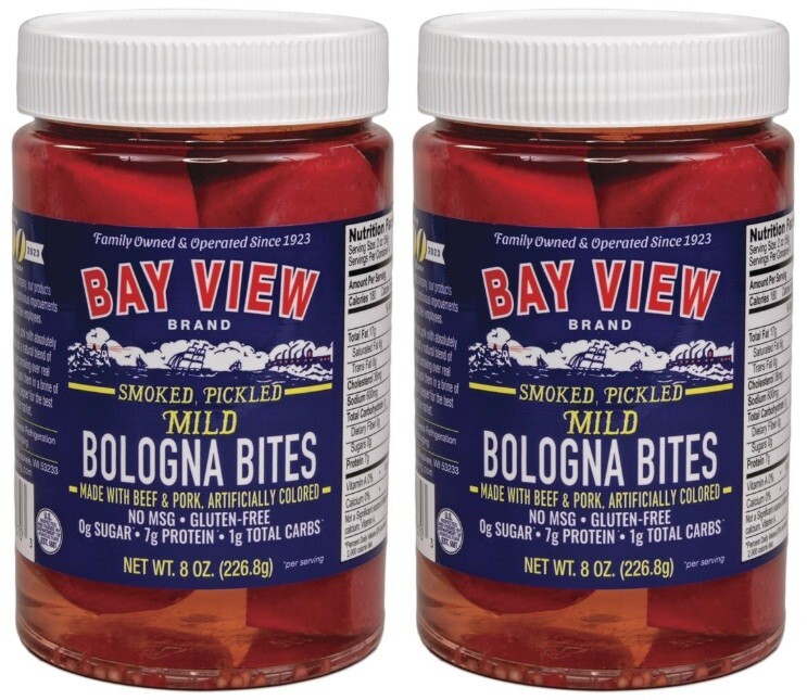 Bay View Smoked Pickled Mild Bologna Bites Beef Pork Gluten Free, 8 oz (2 Jars)