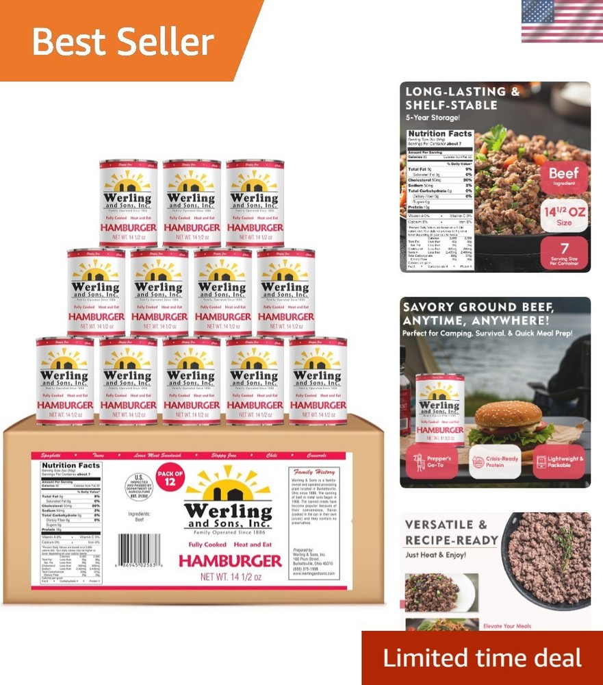 Pack of 12 Werling Meats Fully Cooked Ground Beef – Easy Heat & Eat Convenience