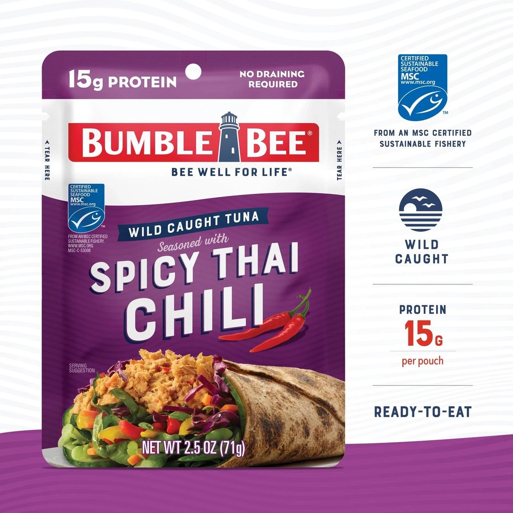 Spicy Thai Chili Seasoned Tuna 2.5oz Pouches Pack of 12 Ready to Eat Wild Ca