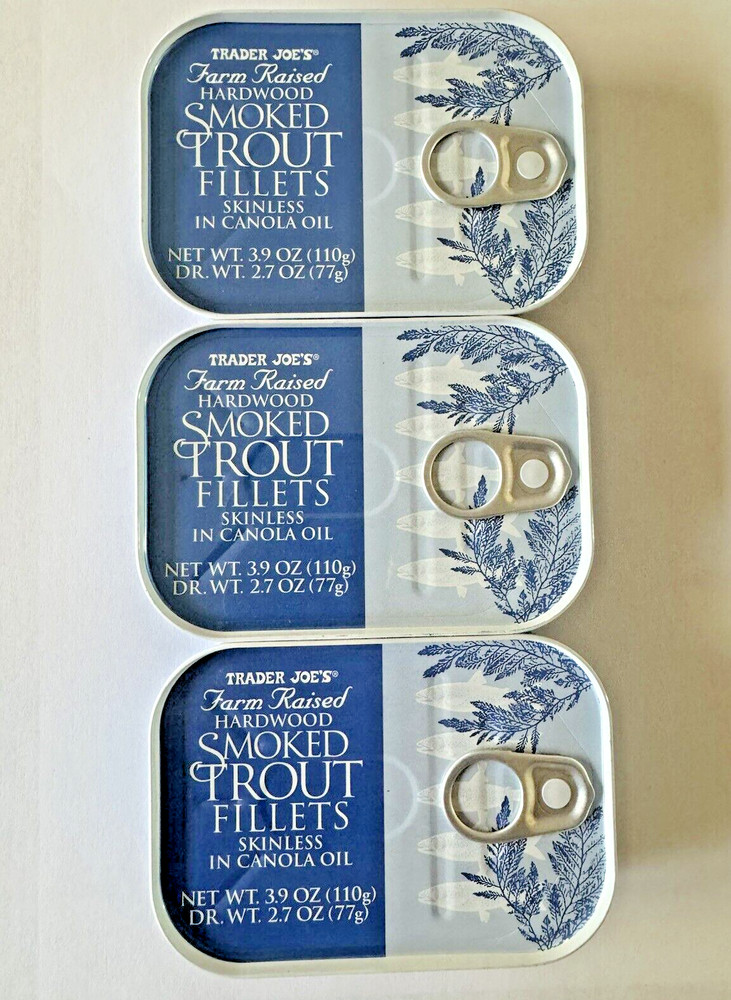 3 Trader Joe’s Smoked Trout Fillets in Oil Skinless 3.9 oz Each Tin x 3 Cans
