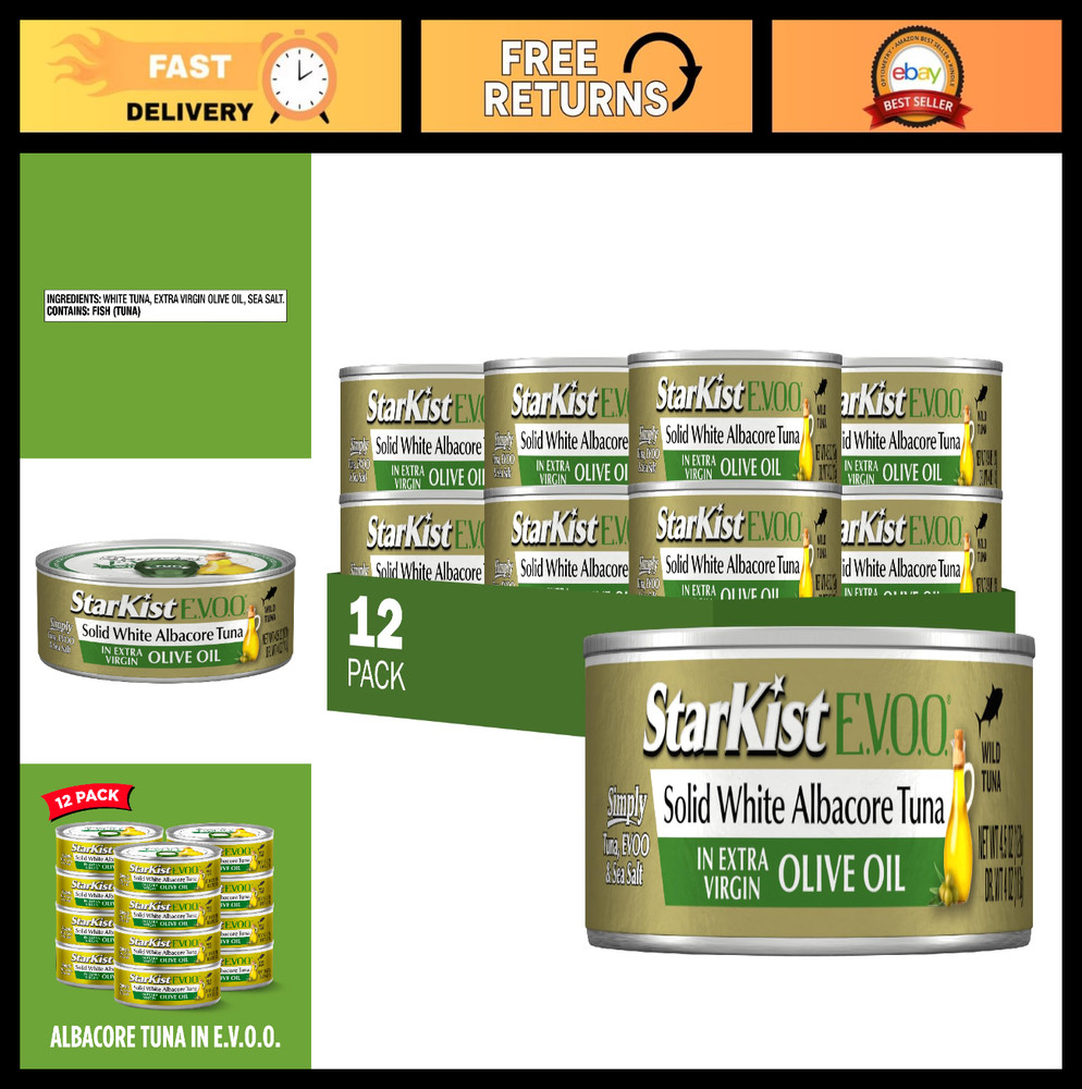 Solid White Albacore Tuna in Extra Virgin Olive Oil, 4.5 Oz, 12-Pack, High Prote
