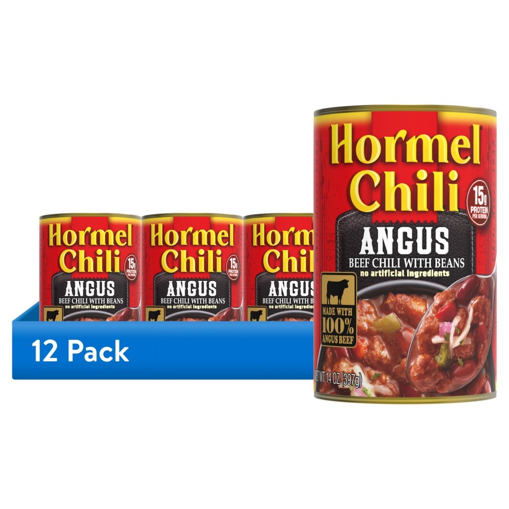 12 Pack Hormel Chili Angus Beef with Beans 14oz Cans Shelf Stable Pantry Stock