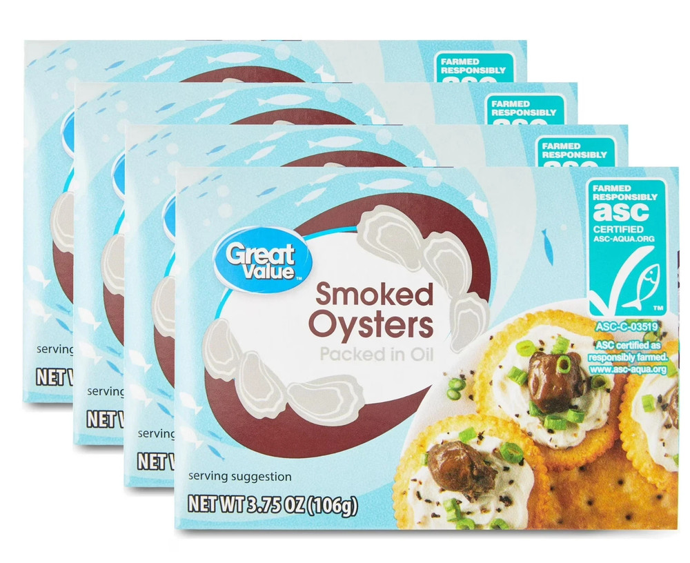 (4 pack) Great Value Smoked Oysters, 3.75 oz